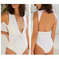 REVEL REY DEAN BELTED ONE-PIECE SWIMSUIT NWT SIZE LARGE IRIDESCENT WHITE LUREX picture