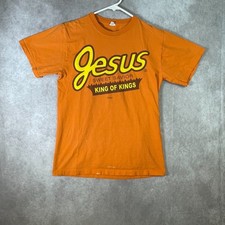 VINTAGE Jesus Shirt Adult Small Orange Reeses Christian Funny Graphic Tee Y2K picture