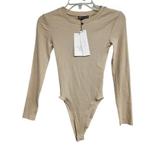 Zara Ribbed Long Sleeve Bodysuit Tan Beige Crew Neck Snap Gusset Small NEW picture