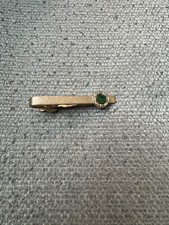 Vintage Dante Tie Clip Bar Mens Gold Tone Textured Green Stone Oval Cabochon picture