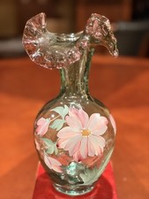 Fenton Rubina Verde Glass Ruffled Vase Hand Painted Clematis Signed 1995 9.75