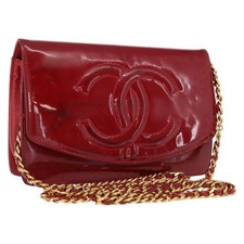 CHANEL COCO Mark Chain Shoulder Bag Patent leather Red Gold CC Auth 165902A picture