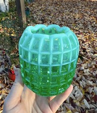 Vintage Fenton Rare Green Opalescent Glass Waffle Vase Glows picture