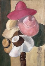 Vintage Mid-century Still Life Scene with Hats Original Oil Painting picture