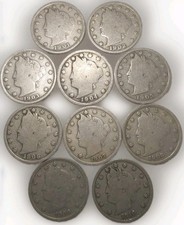 Ten Liberty Head V Nickels US 5C 1901 to 1910 Circulated Good+ FreePostTracking  picture