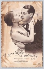 c1910s Tu M'as Donné Le Bonheur French Motto Couple Kissing P-C Paris a23978 picture