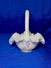 Vtg Fenton Art Glass Custard Ruffled Basket Hand Painted Signed Floral Satin picture