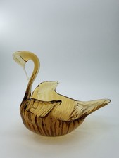 Vintage Hand Blown Amber Art Glass Swan Bowl Sooner Style Tooled Head Flawless picture