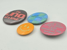 Vintage 1980s Funny Slogan Pinback Buttons Lot of 4 Retro Humor Smiley UNO picture
