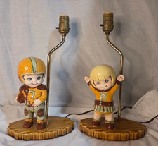 Vintage MCM Atlantic Molds Ceramic Football Player & Cheerleader Table Lamps Set picture