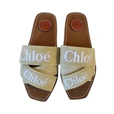 Chloe Woody Flat Mule Slide Sandals Canvas Logo Beige Tan US 11 EU 41 picture