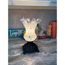 Vintage Fenton Opalescent Hobnail Glass Lamp Ruffled Milk Glass Cast Metal Base picture