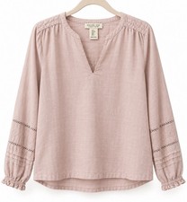 Rachel Zoe Women's Pink Linen-Cotton V-Neck Embroidered Long Sleeve Blouse S picture