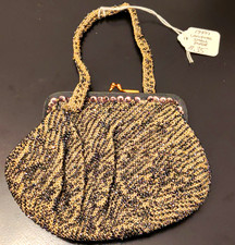 Vintage 1940s Women’s Black & Gold Beaded Eveningwear Purse Kiss Lock Handle picture