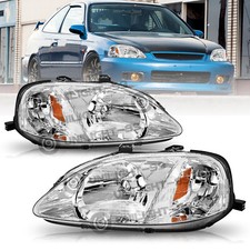 For 99-00 Honda Civic DX EX Chrome Housing Amber Corner Headlights Lamps Set picture