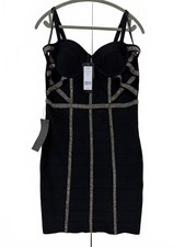 NEW Bebe Maia Bandage Bodycon Dress Large Black Embellished Bustier Mini picture