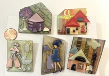 Vintage House Pins By Lucinda Lot 5Pc Glitter Cat Mom Woman Baby Signed Numbered picture