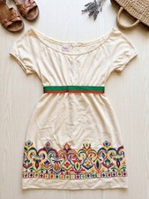 Vintage 60s 70s Petiteen Embroidered Folk Peasant Mini Dress Grosgrain Ribbon XS picture