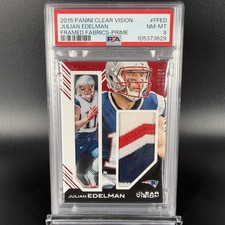 Julian Edelman 2015 Clear Vision Framed Fabrics Game Used Patch 18/25 PSA 8 picture