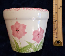 Vintage Ceramic Floral Planter Pot Pink Flowers Lily of the Valley Rim 4.5
