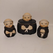 Rare Vintage 1950s Enesco Imports 3 pc Friar Tuck Munk Salt & Pepper Shaker Set picture