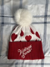 Vintage Victoria's Secret Red/White Heart Knit Pom Pom Beanie Embroidered Logo picture