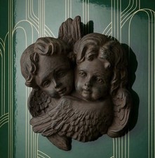 VTG Hollywood Regency Double Angel Cherub Wall Plaque Cast Iron 3D Putti Decor picture