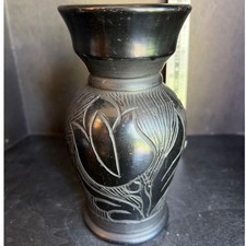Vintage Hand Carved Black Pottery Floral Etched Vase Folk Art 6 Inch picture