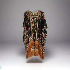 Black Floral Boho Hippie Vintage Kimono Fringe Tassel Cardigan Duster Reg PLUS picture