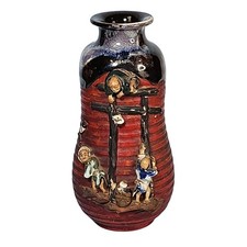 Antique Sumida Gawa Drip Glazed Pottery Ceramic Relief Vase Meiji Marked picture