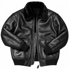 Men’s Genuine Leather Shearling Bomber Jacket Black Fur Lined Warm Winter Coat picture