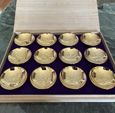 Vintage Japanese Zodiac 12 Sake Cups 24KGP Gold Plated Sakazuki Wood Box picture