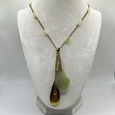 Signed Monet Vintage Jadeite 3-Drop Gold Tone Necklace 20 Inches Bohemian Style picture