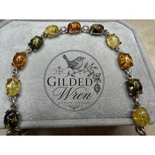 Vintage Baltic Amber 925 Sterling Silver Bracelet Honey Cognac Green 7 Inch picture
