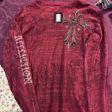 NWT Affliction Rising Passage Thermal Shirt Red Grunge Gothic Cross Mens XL picture