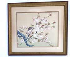 Vintage JAPANESE BIRD Sitting on CHERRY BLOSSOM TREE Watercolor PAINTING SILK picture