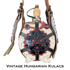 Vintage 50s Hungarian Folk Art Kulacs Canteen Goat Hide Leather Flask Full Strap picture