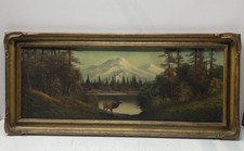 Unsigned Vintage Panoramic Mountain Lake Elk Landscape Oil Painting 42.5x19 picture