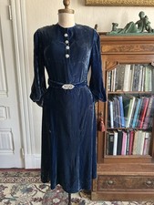 Vintage 1930s Blue Silk Velvet Dress Bias Cut Rhinestone Buckle Long Sleeve 34W picture