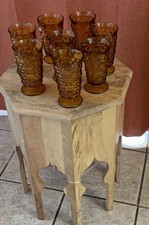 Set of 8 Amber Textured Geometric Vintage Glass Tumblers 10-18 oz picture