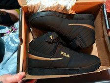 FILA Men's High Top Lace-Up Athletic Sneakers Black/Gold Solid Logo New picture