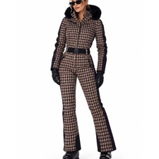 New GSOU SNOW SKI SUIT Tan/Black Houndstooth SLIM FIT FAUX FUR TRIM Stretch SZ L picture