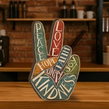 Peace Sign Hand Wooden Block: Colorful Distressed Inspirational Desk picture