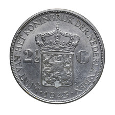 1943 Netherlands 2.5 Gulden Wilhelmina Silver Coin AU KM331 Lot [636] picture