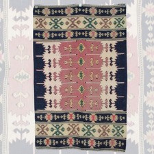 Vintage Flatweave Blue Kilim – 3x5 ft | Wool Bohemian Turkish Rug for Area picture