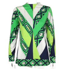 SPORTEMPO Psychedelic Green Blue Mod Geometric Zip Back Top sz M /863 picture