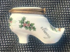 Limoges, France MERRY CHRISTMAS Themed Women's Lady's Shoe Boot Trinket Box picture