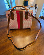 Michael Kors Signature Monogram Satchel Top Handle Zip Bag Pink/Brown Silver picture