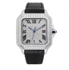 Moissanite Iced-Out Square Silver Dial Quartz Watch Date Black Leather Box picture