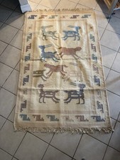 Handwoven Cream Wool Dhurrie Rug Featuring Pastel Animal Pictorial Design 76x47 picture